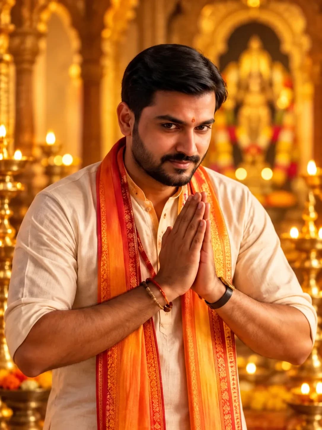 A Purohit offering a namaste in a warmly lit temple